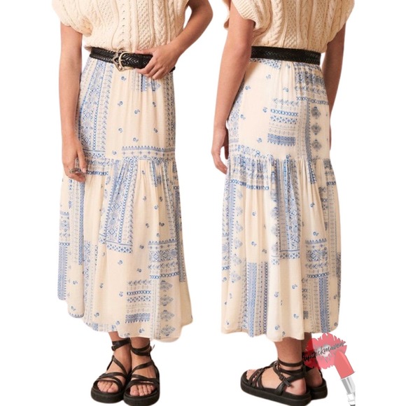 ba&sh Dresses & Skirts - Ba&sh Skirt Women Small Londer Midi Ecru Blue Folklore Block Print Bash FLAWED